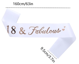 White satin birthday sash with rose gold 18 & Fabulous text and size dimensions