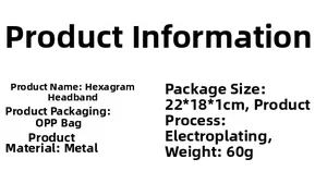 Detailed specifications for hexagram headband showing metal material and size information