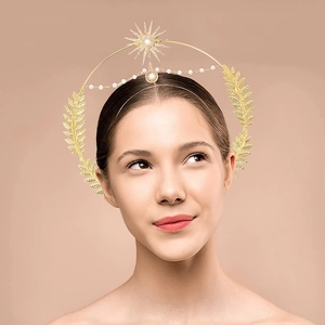 Baroque gold leaf crown headband with starburst sunburst and hanging pearl pendants