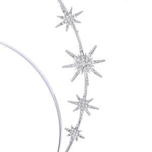 Close-up of sparkling rhinestone star details on a delicate silver bridal headband