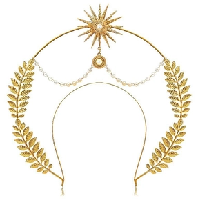 Baroque Gold Leaf Sun Halo Crown Headband And Celestial Star Moon Rhinestone Artificial Pearl Earrings Goddess Wedding Party Jewelry