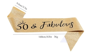 Close-up of 50 and Fabulous glitter sash with 9.5cm width and 160cm length dimensions