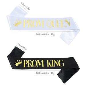Detail showing Prom King and Queen satin sashes with gold foil crown and lettering