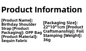 Specifications of glitter cloth birthday sash with gold foil stamping and sizing details