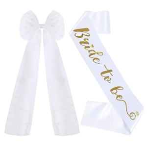 Bride to be party set with white satin sash and pearl mesh bow hair clip decor