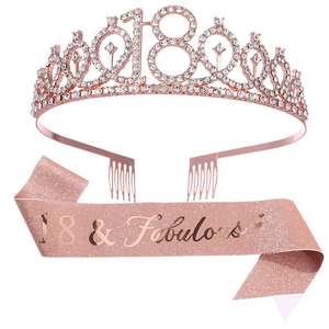 Rose gold 18th birthday tiara with rhinestones and pink glitter sash for party girls