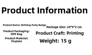 Detailed specifications of tinplate birthday party badges with dimensions and packaging info