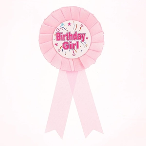 Pink satin Birthday Girl rosette badge with ribbons for girls birthday party celebrations