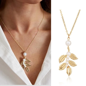 Collar de Pendiente de Hoja de Perla Artificial Vintage Aleación Chapado en Oro Cadena Larga Joyería Botánica para Mujer Boda Banquete