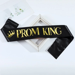 Elegant black satin Prom King sash with gold foil lettering and crown for party celebrations