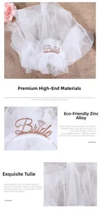 Detailed view of rose gold zinc alloy Bride headband with rhinestones and white mesh veil