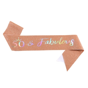 Rose gold glitter birthday sash featuring 50 & Fabulous iridescent text and crown