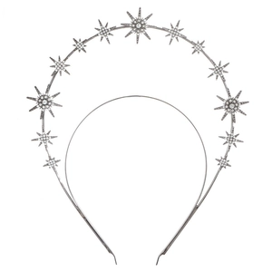 Baroque style double-layered silver headband with sparkling rhinestones and star charms