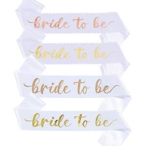 Four-piece Bride to Be white satin sash set with rose gold and gold metallic lettering