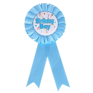 Blue Birthday Boy rosette badge ribbon with colorful stars for party celebration