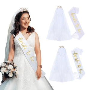 White Bride To Be Sash Headband Mesh Veil Set Satin Ribbon Zinc Alloy Tiara Wedding Bachelorette Party Decoration Accessory
