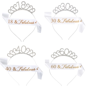 Birthday Party Rhinestone Crown Tiara And Satin Sash Set For Women Birthday Girl Queen Decorations Birthday Party Gift