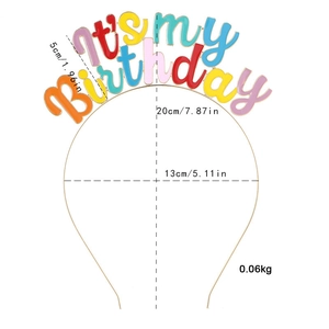 Detailed size specifications for a gold birthday headband with colorful lettering
