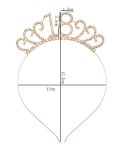 Detail view of gold 18th birthday crown with rhinestone dimensions 12cm by 17.5cm