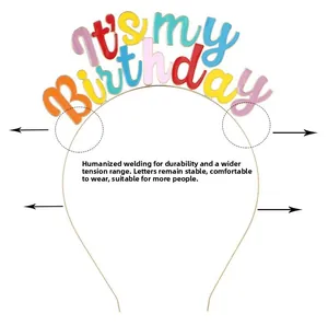Detail of colorful it's my Birthday headband with flexible metal frame and soft tips