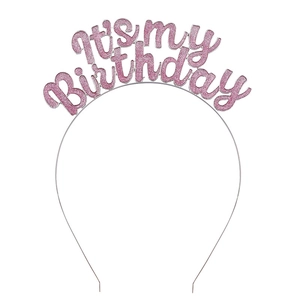 Cerchietto It's my Birthday glitter rosa con bordo argento per festa di compleanno
