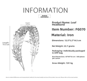 Detailed size specifications for the gold leaf headband with Greek goddess style dimensions