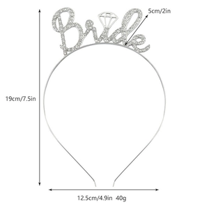Detailed dimensions of silver bride headband with rhinestones for bachelorette parties