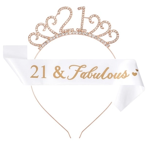 21st birthday set with rose gold rhinestone crown and 21 & Fabulous white satin sash