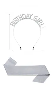 Detailed size specifications for rhinestone Birthday Girl headband and glitter sash set