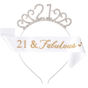 Sparkling 21st birthday tiara and satin sash set with gold 21 and Fabulous text