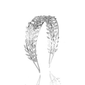 Elegant silver laurel leaf bridal headband with double-layered Greek goddess crown design