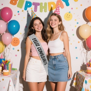 Écharpe pailletée argent Feliz Cumpleaños pour fête anniversaire avec texte noir