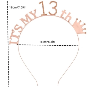 Detailed size specifications of the rose gold 13th birthday tiara with rhinestones