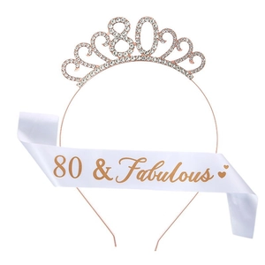 Rose gold 80th birthday tiara and white sash set with 80 & Fabulous gold lettering