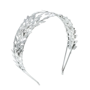 Elegant silver laurel leaf bridal headband with Greek goddess style metal textures