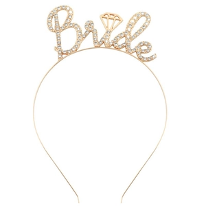 Elegant gold bridal headband with sparkling rhinestone Bride lettering and ring icon