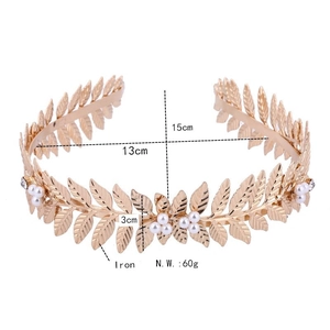 Detailed dimensions of gold leaf crystal headband with iron material and pearls