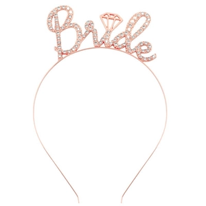 Rose gold bridal headband with sparkling rhinestones and crystal bride letter design