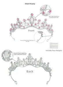 Detail view of pink rhinestone bridal crown with anti-fall holes and hair clips