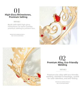 Detailed macro view of gold crown featuring AAA red teardrop crystals and zinc alloy base