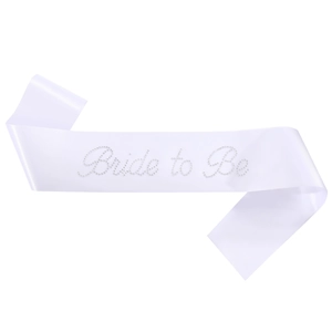 Elegant white satin Bride to Be sash with sparkling rhinestone lettering for bridal shower
