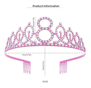 Detailed dimensions of pink number 8 crown headband with rainbow AB rhinestones for girls