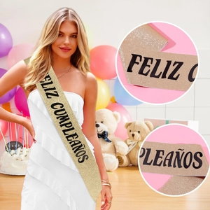 Écharpe d'Anniversaire Espagnole Feliz Cumpleaños en Tissu Pailleté Or Or Rose Argent Écharpe de Fête Décorations Pour Femmes Hommes