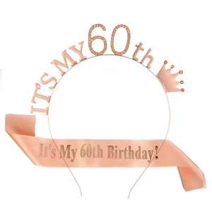 Rose gold 60th birthday set with metal tiara and satin sash for party celebration