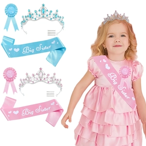 Ensemble Accessoires Fête Big Sister Écharpe en Satin Couronne en Alliage Strass Badge Pour Anniversaire Filles Rose Bleu