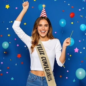 Écharpe dorée Feliz Cumpleaños avec chapeau de fête sur fond bleu pour anniversaire