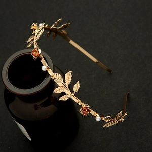 Vintage gold leaf headband with metallic roses and pearls for elegant Greek style hair styling