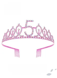 Detail of pink crystal birthday tiara crown with number 5 and glitter rhinestones