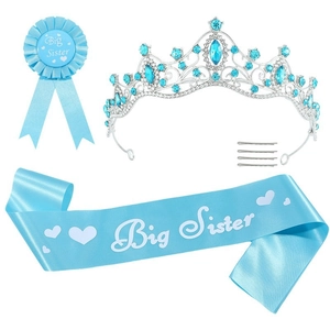 Set d'anniversaire Big Sister bleu avec diadème, écharpe en satin et badge ruban