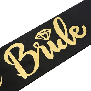 Elegant black satin Bride sash with metallic gold lettering for bachelorette parties
